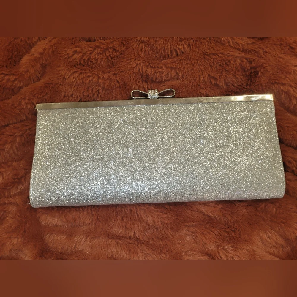 I.N.C. Carolyn Glitter Clutch Rhinestone Bow Glitter Silver
